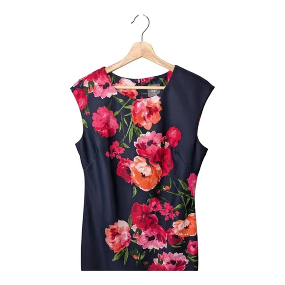 Vince Camuto Womens Floral Sheath Dress Sleeveless Dark Navy Pink Red Size 12 - Picture 2 of 12